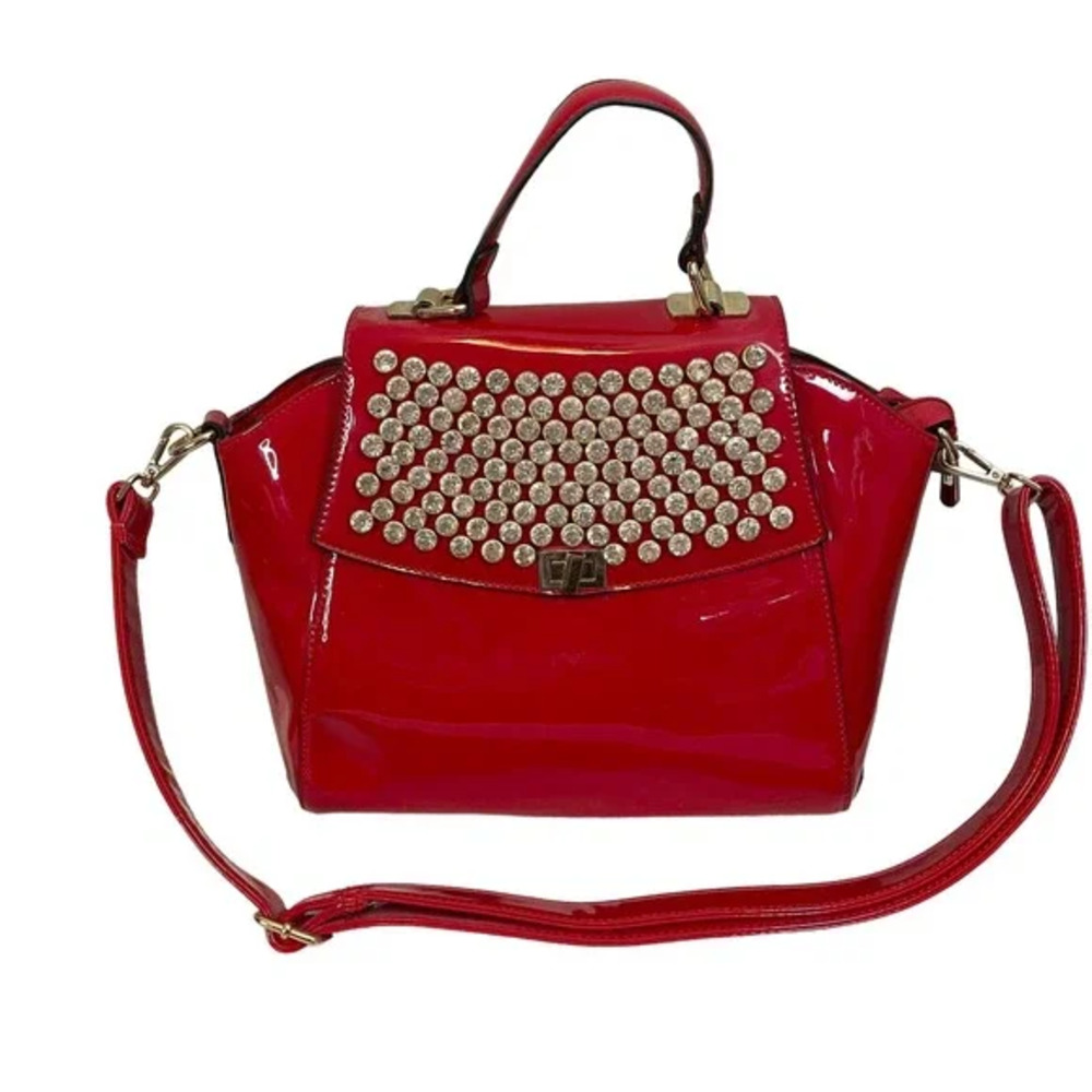 ORLI Collection Crossbody Shoulder Bag Rhinestone Patent Leather Red Embellished
